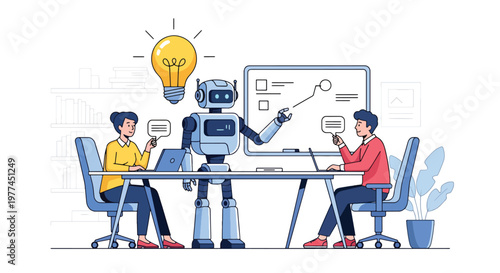 Flat style vector illustration of person brainstorming ideas with AI chatbot on screen, creative thinking and digital collaboration concept in modern style
