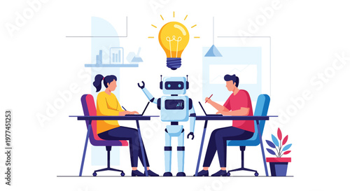 Flat style vector illustration of person brainstorming ideas with AI chatbot on screen, creative thinking and digital collaboration concept in modern style