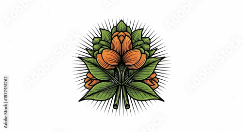 Ornate botanical illustration in a detailed engraving style, featuring stylized flowers and leaves with a radiating sunburst design