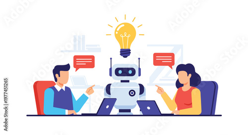 Flat style vector illustration of person brainstorming ideas with AI chatbot on screen, creative thinking and digital collaboration concept in modern style