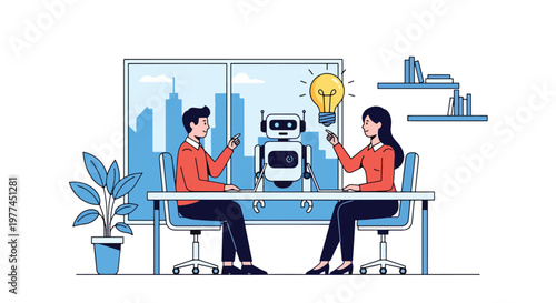 Flat style vector illustration of person brainstorming ideas with AI chatbot on screen, creative thinking and digital collaboration concept in modern style