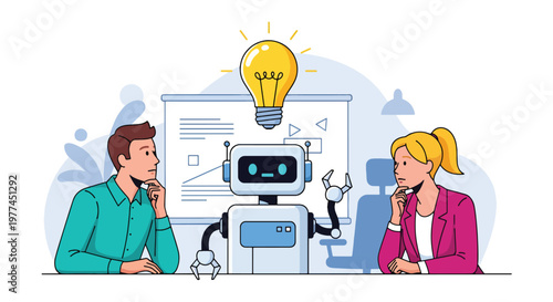Flat style vector illustration of person brainstorming ideas with AI chatbot on screen, creative thinking and digital collaboration concept in modern style