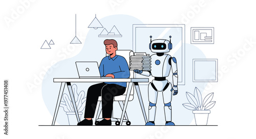 Flat style vector illustration of AI summarizing documents on laptop screen, smart content processing and productivity improvement using artificial intelligence tools