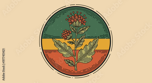 Vintage Botanical Engraving Style Illustration of a Plant with Berries and Leaves in a Retro Circular Badge Design
