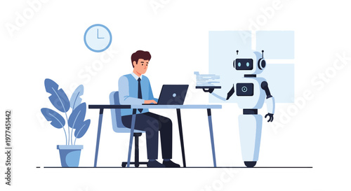 Flat style vector illustration of AI summarizing documents on laptop screen, smart content processing and productivity improvement using artificial intelligence tools