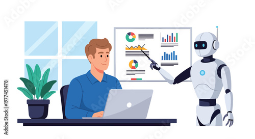 Flat style vector illustration of AI helping analyze data with charts on screen, business intelligence and analytics workflow using modern artificial intelligence tools