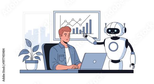 Flat style vector illustration of AI helping analyze data with charts on screen, business intelligence and analytics workflow using modern artificial intelligence tools