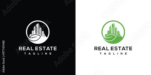 Modern Green City Real Estate Logo Design with Urban Skyline and Leaf