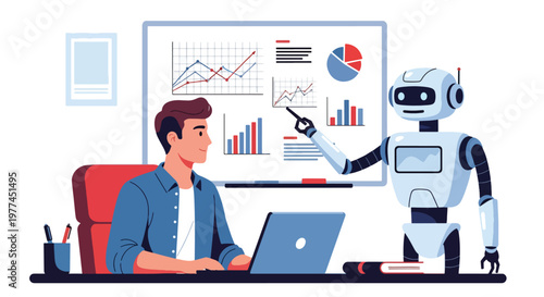 Flat style vector illustration of AI helping analyze data with charts on screen, business intelligence and analytics workflow using modern artificial intelligence tools