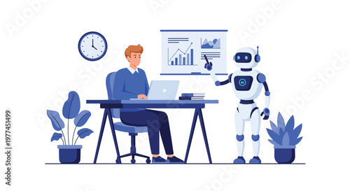 Flat style vector illustration of AI helping analyze data with charts on screen, business intelligence and analytics workflow using modern artificial intelligence tools