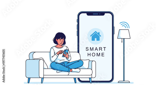 Flat style vector illustration of AI controlling smart home lights using smartphone, home automation and connected living technology concept in modern environment