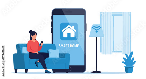 Flat style vector illustration of AI controlling smart home lights using smartphone, home automation and connected living technology concept in modern environment