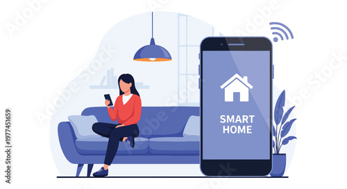 Flat style vector illustration of AI controlling smart home lights using smartphone, home automation and connected living technology concept in modern environment