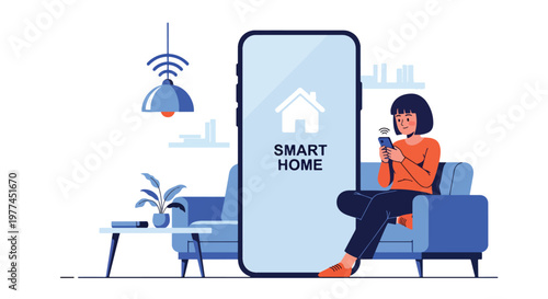 Flat style vector illustration of AI controlling smart home lights using smartphone, home automation and connected living technology concept in modern environment