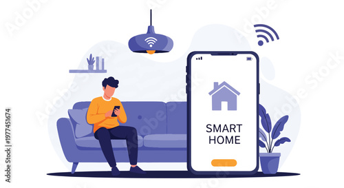 Flat style vector illustration of AI controlling smart home lights using smartphone, home automation and connected living technology concept in modern environment