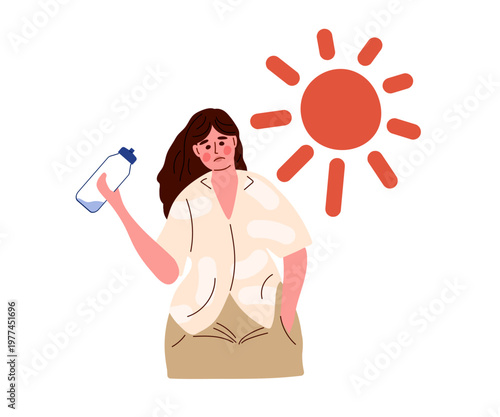 Girl suffering from heat. Girl outdoors in hot weather with red face, her water bottle empty. Vector illustration. Suitable for heatstroke awareness, dehydration risks, summer safety campaigns