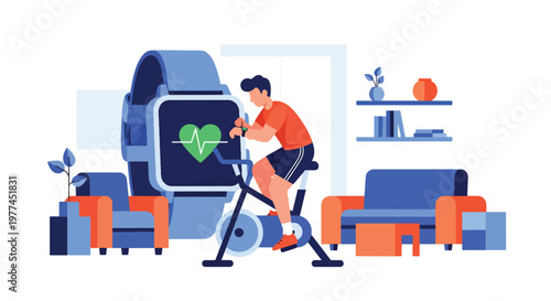 Flat style vector illustration of AI tracking fitness activity on smartwatch, health monitoring and wellness technology supporting active lifestyle