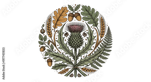Classic Vintage Illustration of Thistle, Oak, and Ferns A Botanical Emblem Design