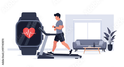 Flat style vector illustration of AI tracking fitness activity on smartwatch, health monitoring and wellness technology supporting active lifestyle