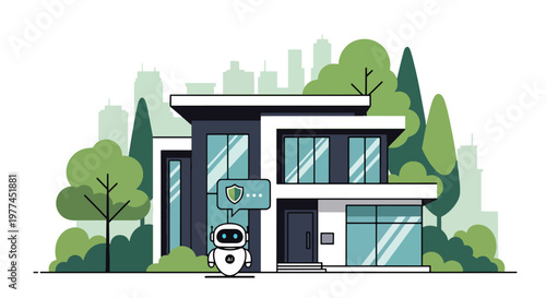 Flat style vector illustration of AI managing home security, home protection and monitoring system in modern digital lifestyle