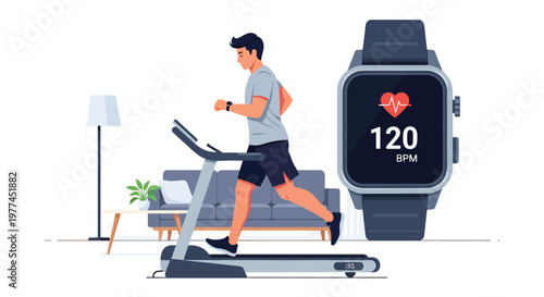 Flat style vector illustration of AI tracking fitness activity on smartwatch, health monitoring and wellness technology supporting active lifestyle