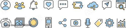 User interface and social media icons set including profile notification messaging camera analytics settings flat vector illustration collection