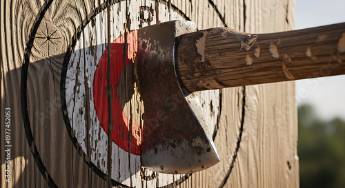 Close-up of axe striking a wooden target at an outdoor axe throwing competition event