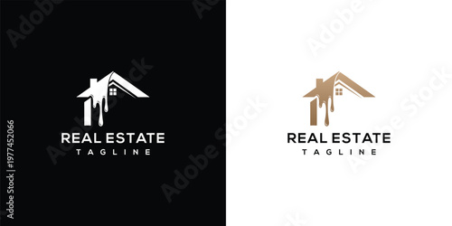 Modern Real Estate House Logo with Dripping Effect in Two Color Versions