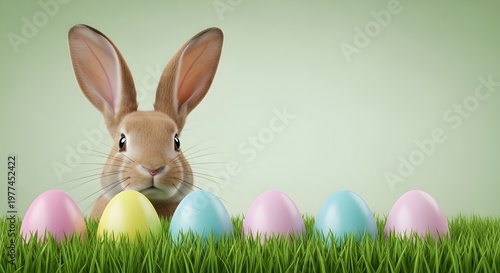 Funny easter concept holiday animal celebration greeting card - easter bunny, rabbit with easter eggs on meadow, isolated on aquamarine background
