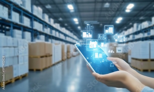 Digital Inventory Management with Holographic Cubes on Tablet in Warehouse