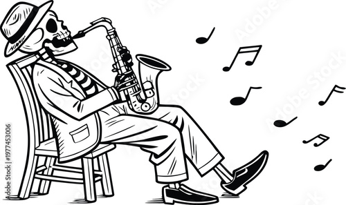 Skeleton playing saxophone vintage engraving jazz musician vector illustration. A black and white vintage vector illustration of a skeleton sitting on a wooden chair, wearing a classic hat and dress s