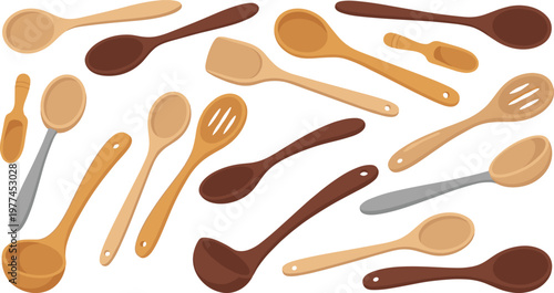 Wooden Kitchen Utensil Set Featuring Spoons, Spatulas, Ladles, and Cooking Tools for Food Preparation and Serving