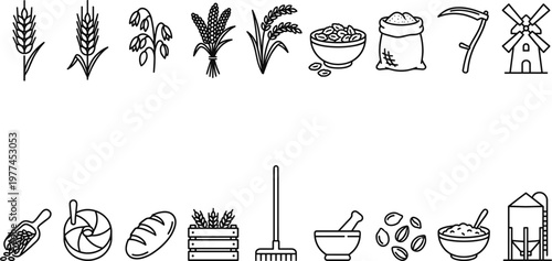 Agriculture farming and grain production icons set including wheat rice tools harvest flour bread outline vector illustration collection