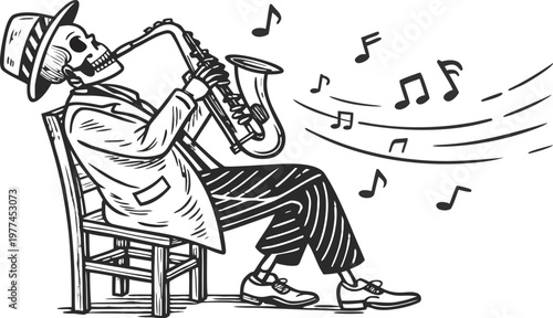 Skeleton playing saxophone vintage engraving jazz musician vector illustration. A black and white vintage vector illustration of a skeleton sitting on a wooden chair, wearing a classic hat and dress s