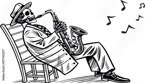Skeleton playing saxophone vintage engraving jazz musician vector illustration. A black and white vintage vector illustration of a skeleton sitting on a wooden chair, wearing a classic hat and dress s