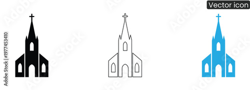 Church building icons in black, Line art, And blue on white background
