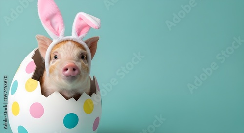 Happy Easter concept, holiday greeting card long banner panorama, funny animal - Cute pig piglet with Easter bunny ears and easter egg, isolated on blue background 