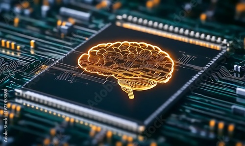 Artificial Intelligence Concept with Glowing Human Brain Symbol on CPU Processor