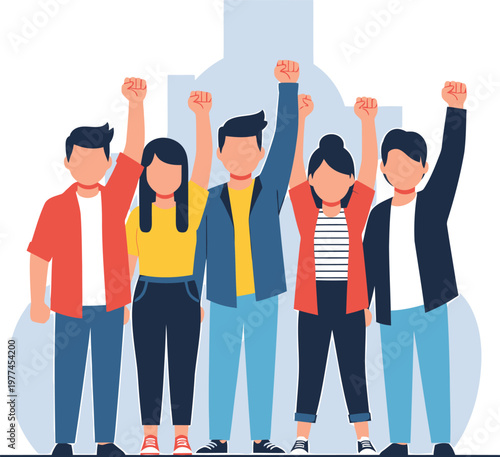 A successful business team of professional men and women in suits holding hands to symbolize teamwork and office unity in this vector illustration concept