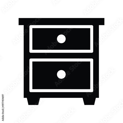 Minimalist black and white illustration of a two-drawer nightstand with round knobs, isolated on white background