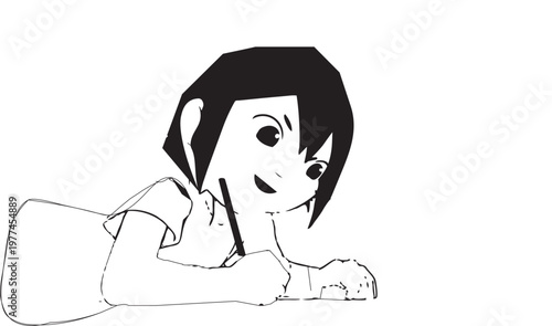 Black and white line drawing of a young girl with short hair lying down and drawing