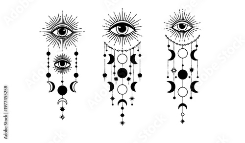 Minimal mystical eye and moon phases icon set boho spiritual celestial vector isolated on white background