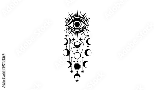 Boho mystical eye celestial design sun moon phases stars spiritual vector isolated on white