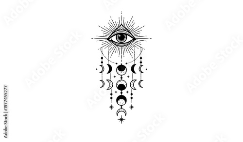 Mystical all seeing eye sun rays moon phases stars boho spiritual vector illustration isolated on white background
