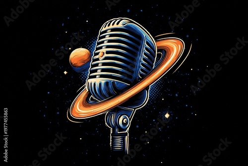 space-themed podcast logo with microphone and planet