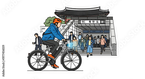 Cyclist riding past traditional Asian temple building with people