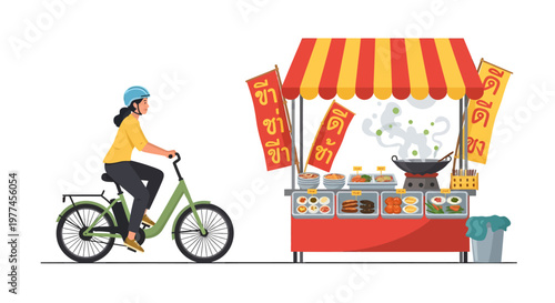 Woman riding bicycle past Asian food cart with colorful awning