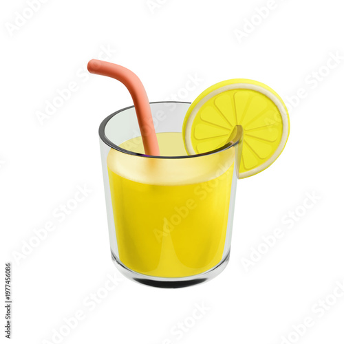 Lemon Cocktail 3d render cartoon glass. Summer lemonade, alcohol drink, refreshing beverage with straw and lemon slice, beach cold lemonade drink. Vector icon