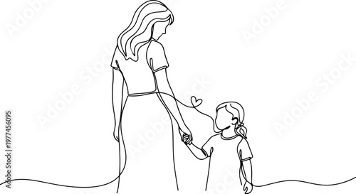 Continuous one line of a mother holding a child's hand with a small heart detail, representing love and trust, mother's day, style hand drawing vector illustration.