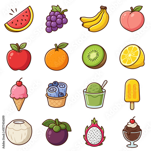 Cute Fruit and Dessert Icons Set, Watermelon, Grapes, Banana, Peach, Apple, Orange, Kiwi, Lemon, Ice Cream, Popsicle and Dragon Fruit Vector Symbols